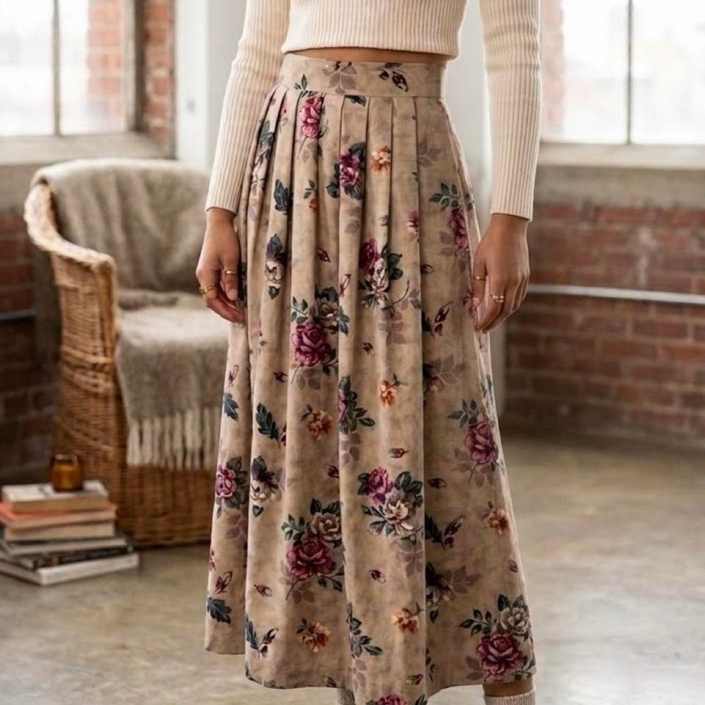 Kathie Lee Floral Maxi Skirt 10 Tan Purple Vintage 90s Pleated Cottagecore Fairy
